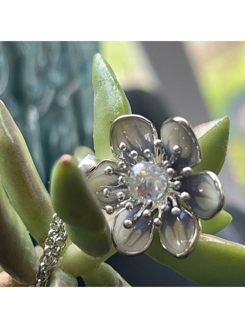 Eternal Bloom Necklace Silver Enamel Clear Faceted Swarovski Crystal - Picture 4 of 9